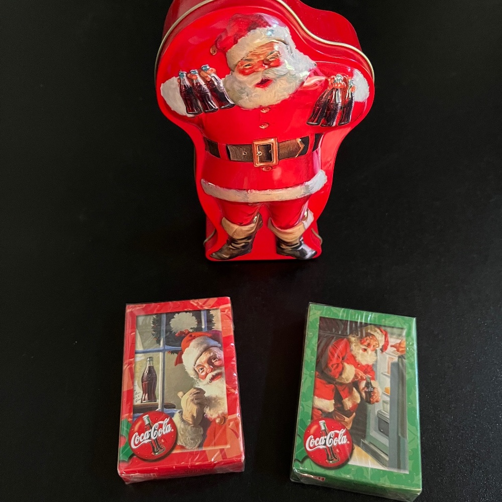 Coca-Cola Santa Shaped Tin with 2 Decks of Haddon Sundblom Santa Playing Cards